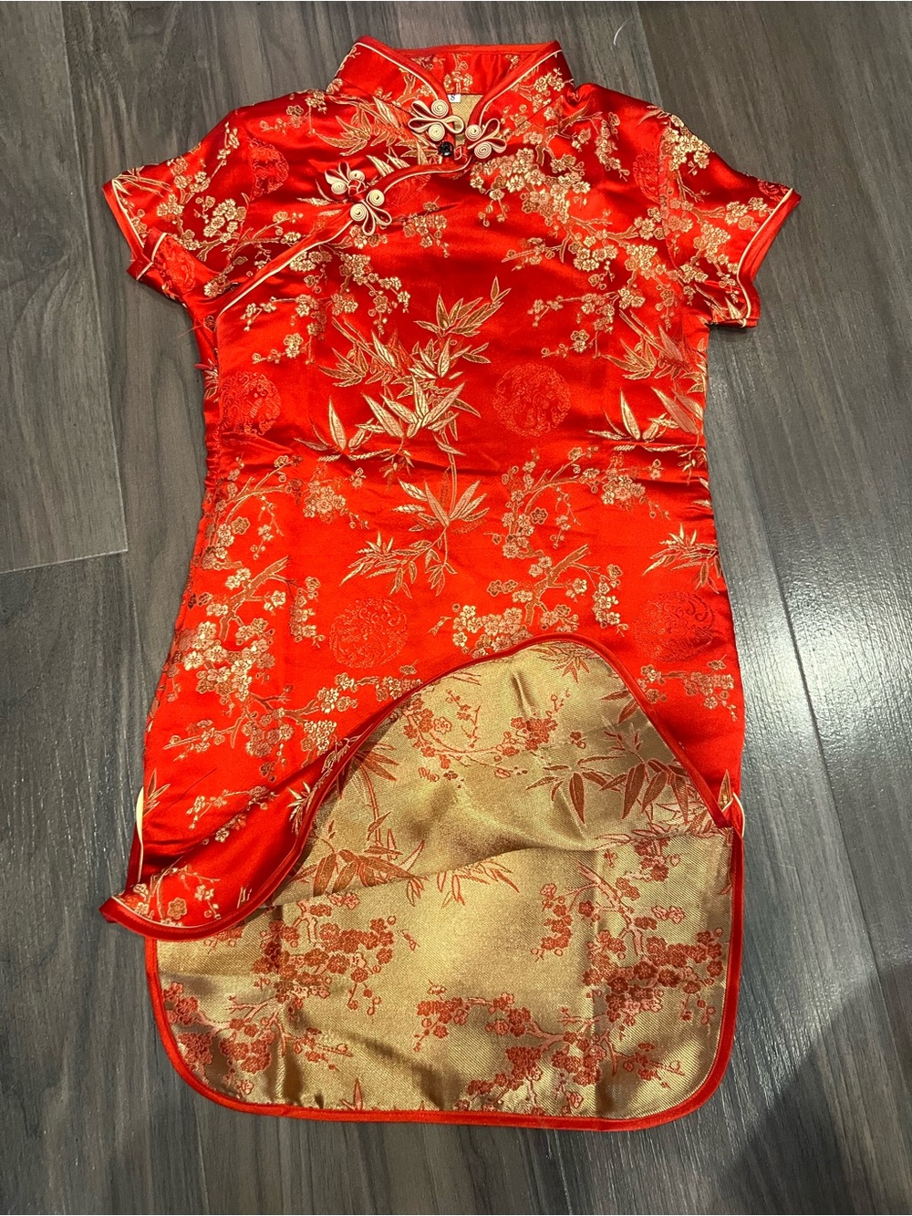 Girls Red and Gold Floral Satin Cheongsam Dress
